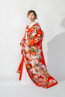 28 赤地桜に鶴飛翔