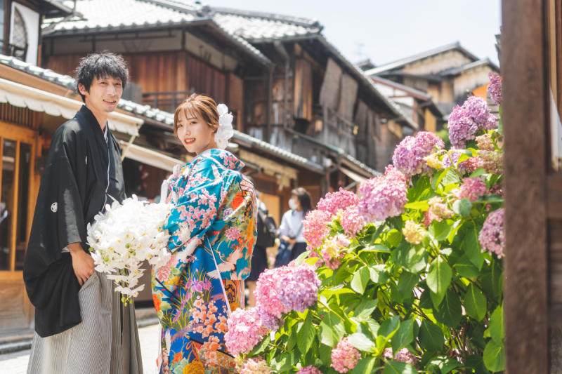 紫陽花と色打掛が鮮やかに