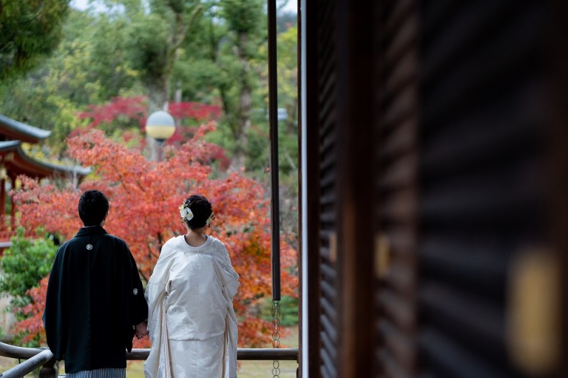 紅葉に映える白無垢