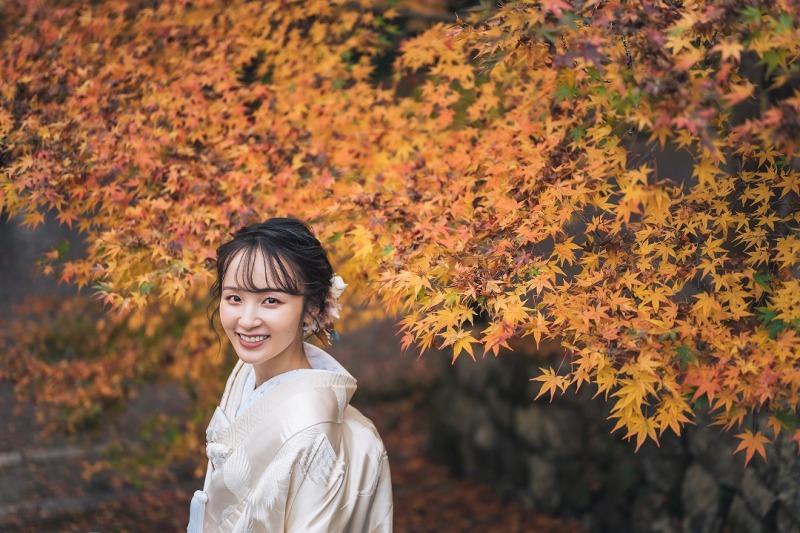 白無垢に映えるモミジ