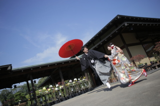 庭園に引き振袖で紅葉のロケーション撮影！！