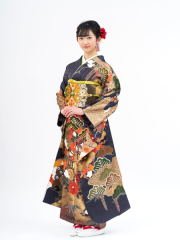 振袖・グレー紺色の古典柄　品番f-102