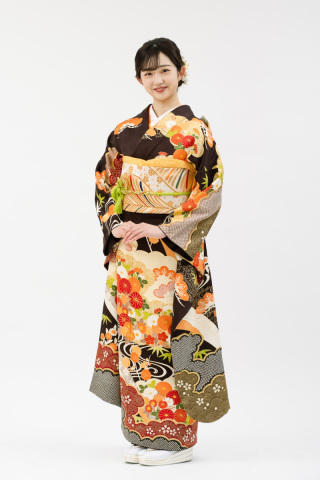 振袖・濃い茶色の古典柄　品番a-25