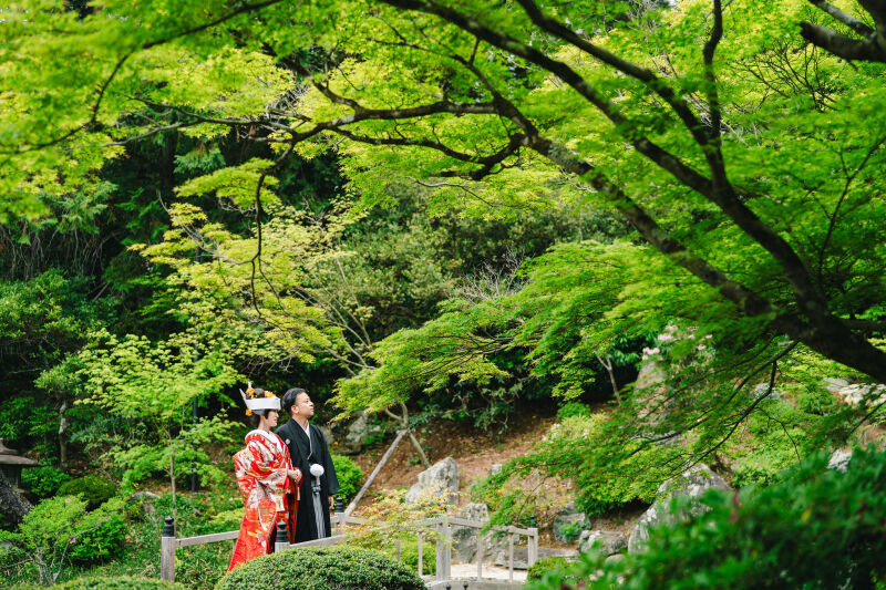 庭で