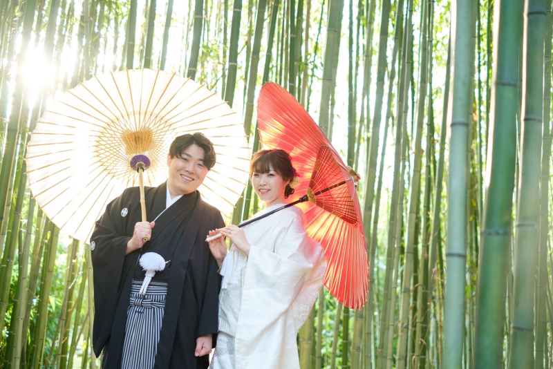 京都の街並みと竹林にて