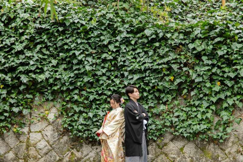 緑のカーテンをバックに