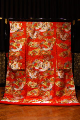 赤地　鶴　流水　扇面文/0112988