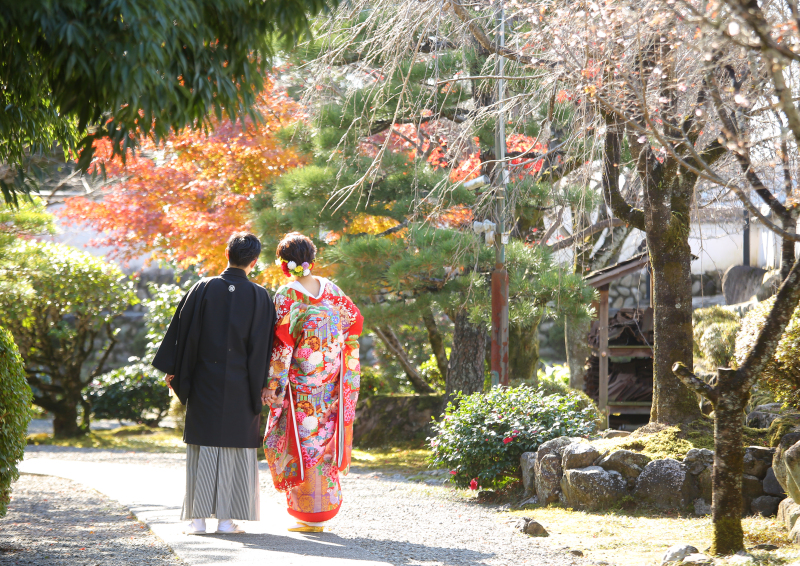 綺麗な紅葉を入れて後ろ姿を