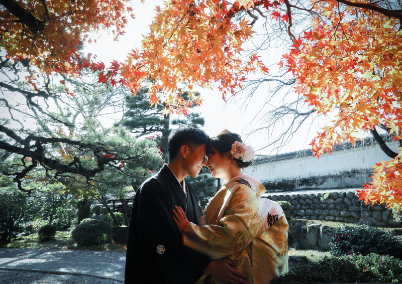 赤く変わったもみじの中で