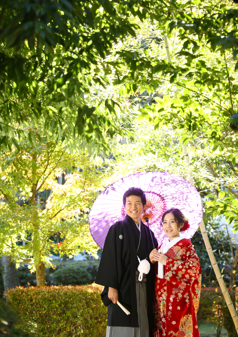 竹林の中で和傘をもって