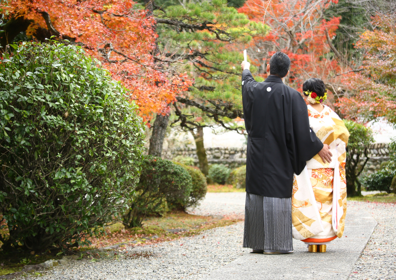 紅葉を背景に後ろ姿を