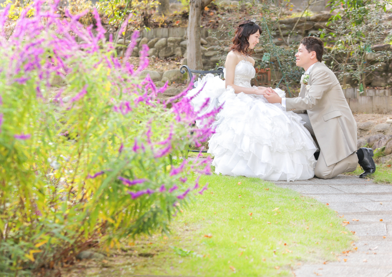 紫のお花の向こうで