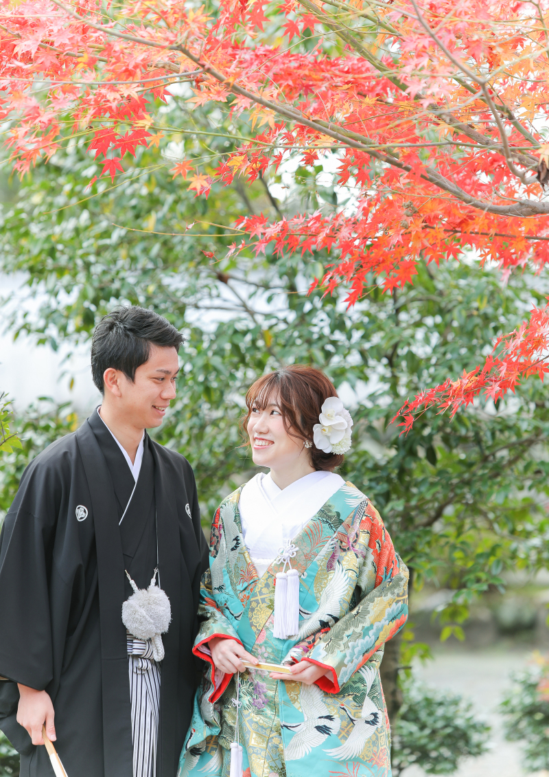 紅葉と緑を背景に