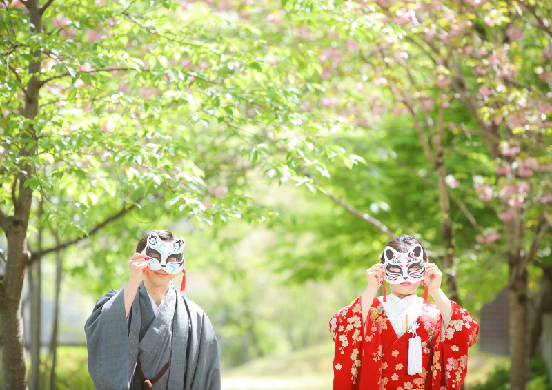 和装2着 八重桜と新緑をいれて♪