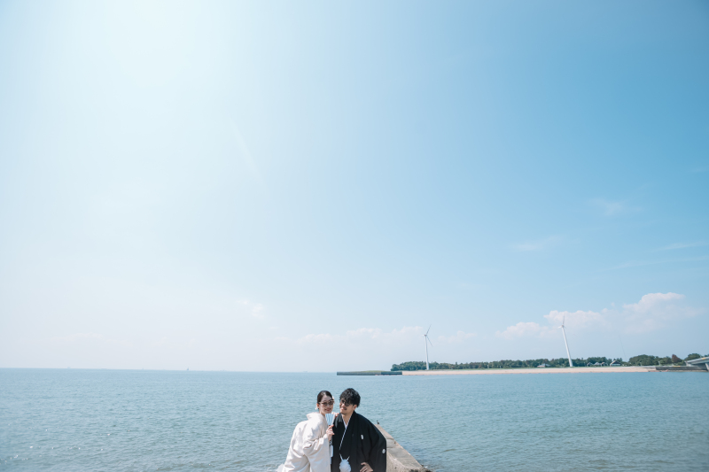 海をバックにした和装フォトもお手軽に!