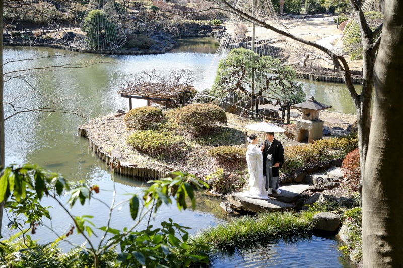 常緑樹や雪吊りもある庭園