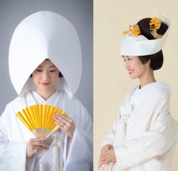 白無垢時、綿帽子と角隠し両方