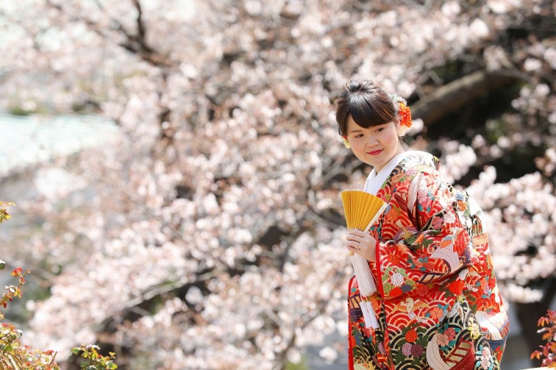 桜を背景に