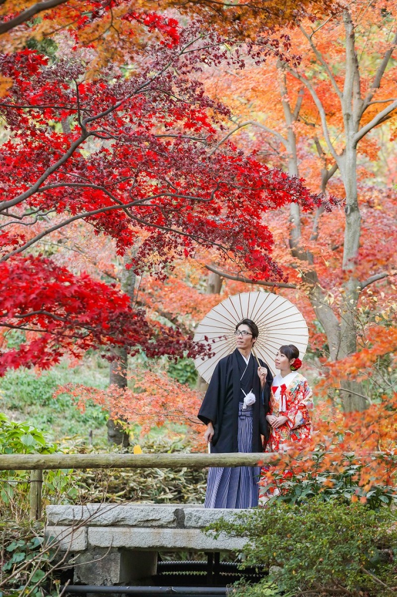 紅葉を背景に撮って頂きました