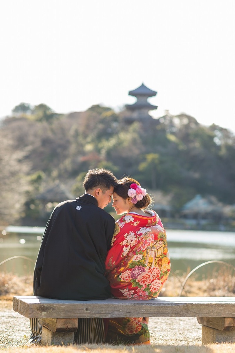 三重塔を背景に