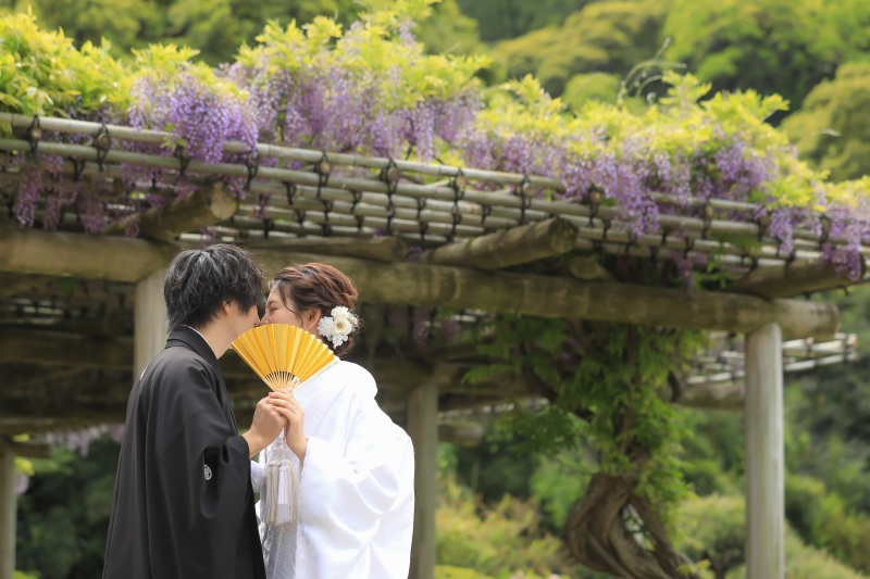 季節を感じる藤棚の前で