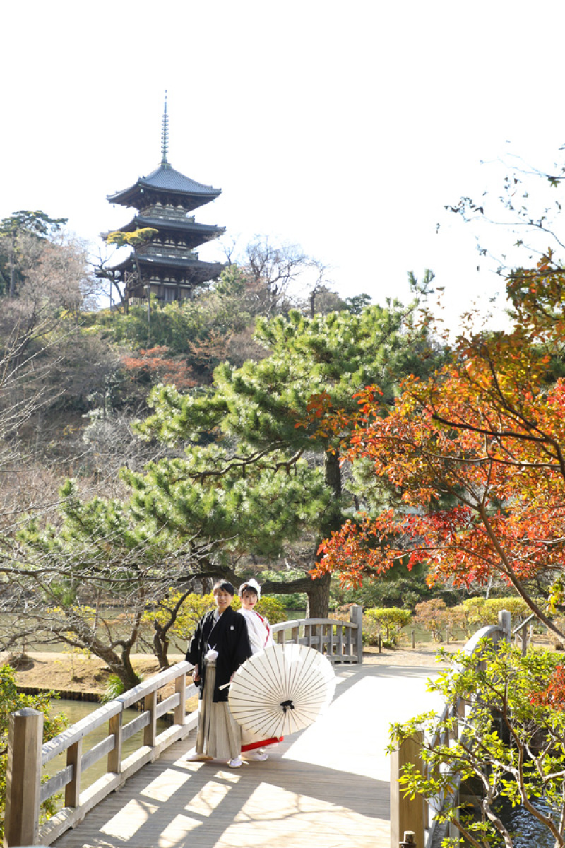 三重塔を背景に