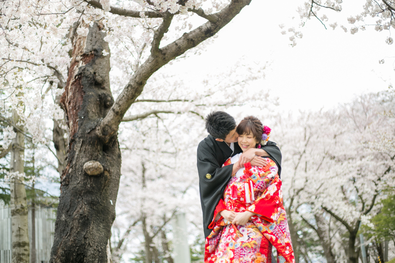 満開の桜の中で