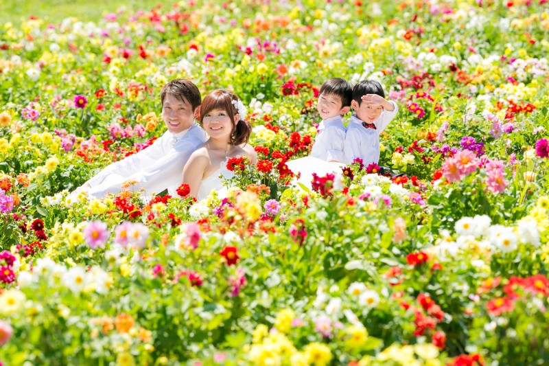 家族みんなでお花畑の中で
