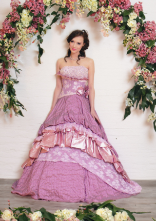 ピンクパープルのAラインコンビドレス