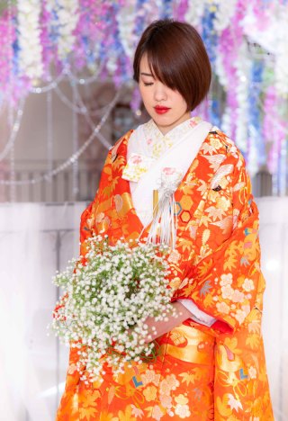 オレンジに小紋柄の色打掛