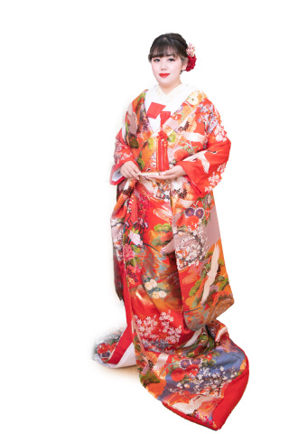 四季柄の赤色打掛