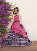 青みピンク×黒の甘辛MIXドレス