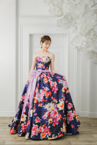 3252　プリンド柄のネイビードレス★3