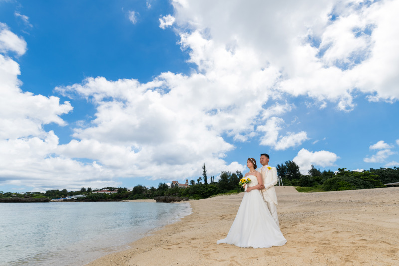 青い海、青い空、濃い緑、白い雲