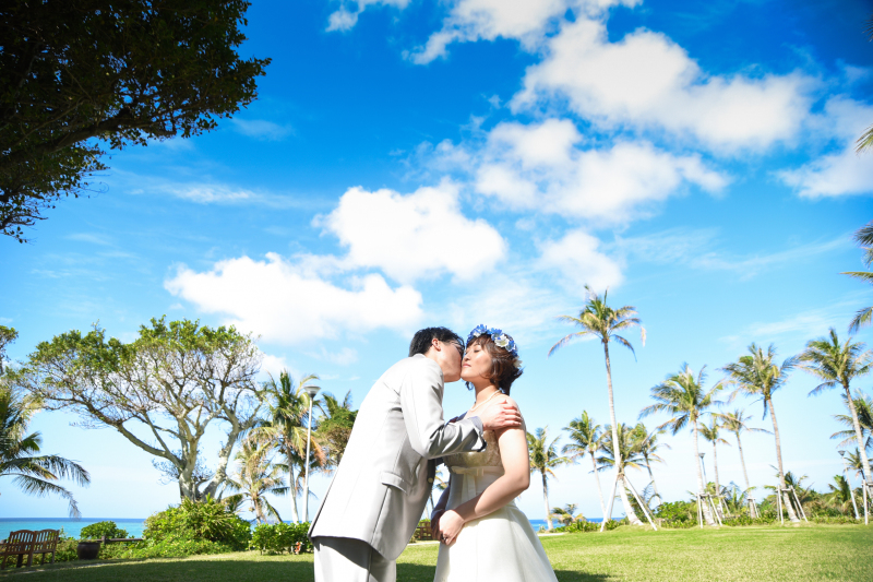 ヤシの木と青空のもとで