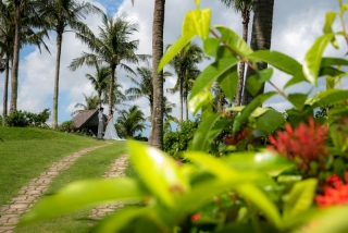 ホテルムーンビーチの敷地内のガーデンで、鮮やかな緑とヤシの木、トロピカルなお花に包まれて、そっとたたずむおふたり。沖縄のムーンビーチだからこその、素晴らしい自然を体感していただく写真になりました。