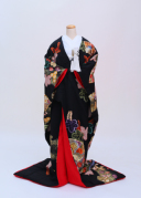 黒地 ちりめん 扇刺繍　A962