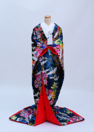 濃ブルー 琳派 花 鶴　A899