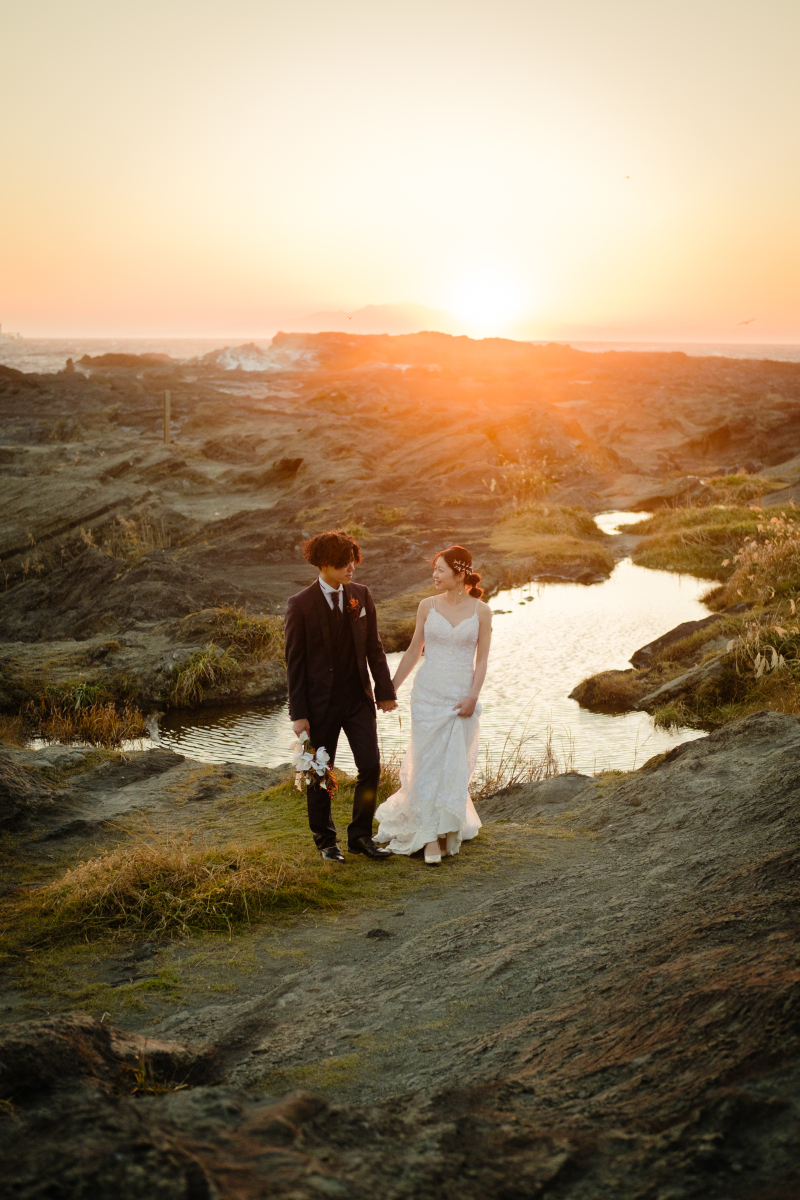 夕日をバックに