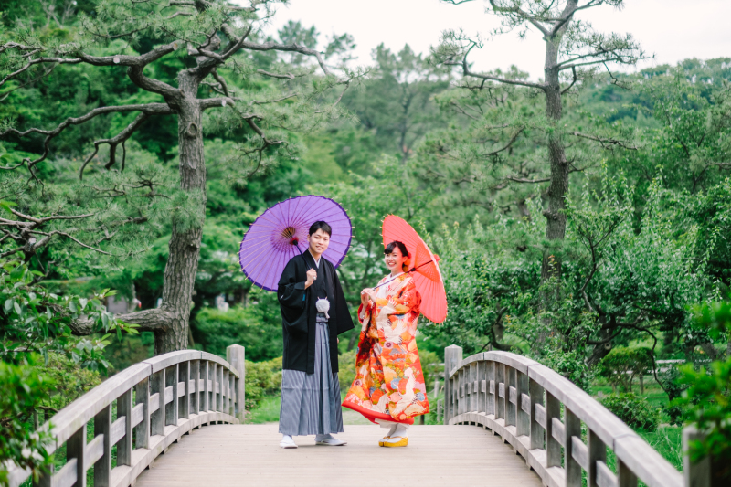 お着物での撮影にはやっぱり定番の庭園撮影で!