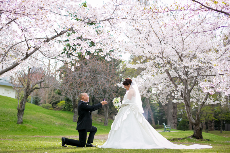 満開の桜の中で
