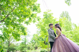 春から初夏へ。衣装2点美しい緑のロケーションフォト