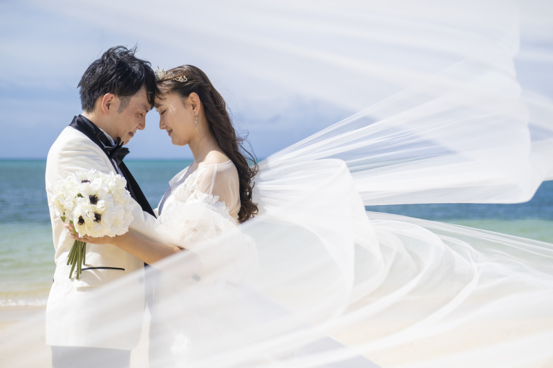 風になびくロングベール&hellip;青空との美しいショット。