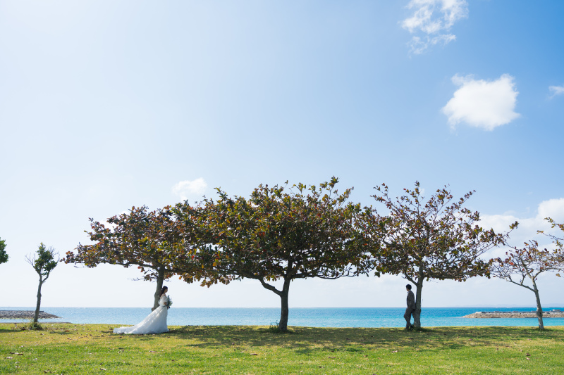 木のフレーム越しに望む。蒼い海と二人のシルエット