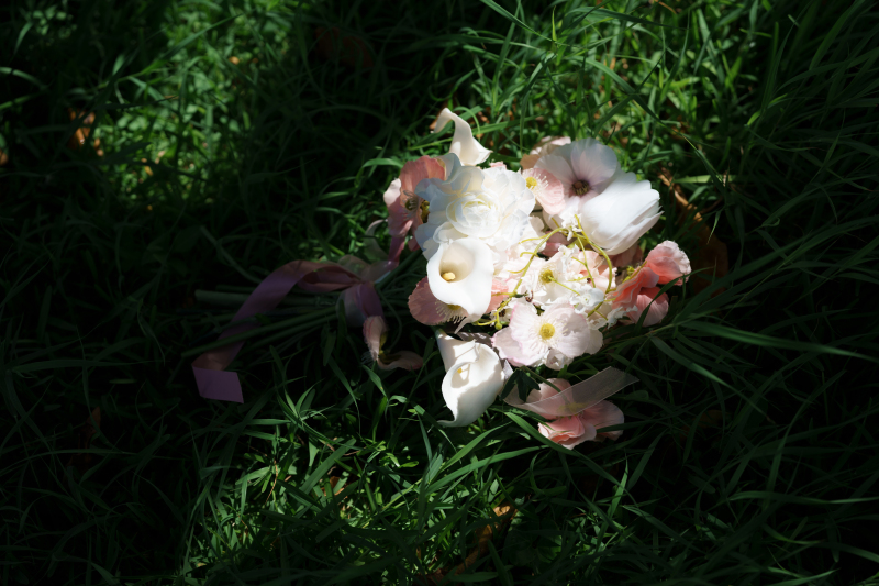 芝生に落ちる光のスポット。想いを束ねたブーケの絵