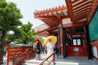 色が鮮やかな神社から澄み渡る海へ。和装とドレスで残す、洗練された特別なひとときを