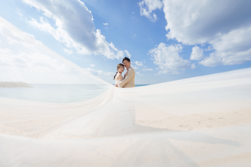 風を纏う幻想的な一枚。ベールが二人を包んでくれる