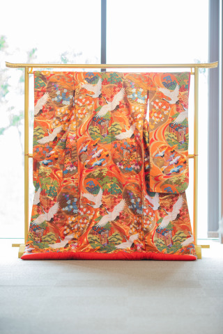 オレンジ流水鶴御所車に松