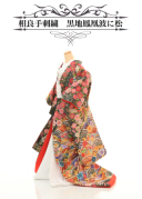 相良手刺繍 黒地鳳凰波に松