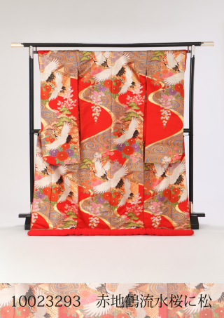 赤地鶴流水桜に松